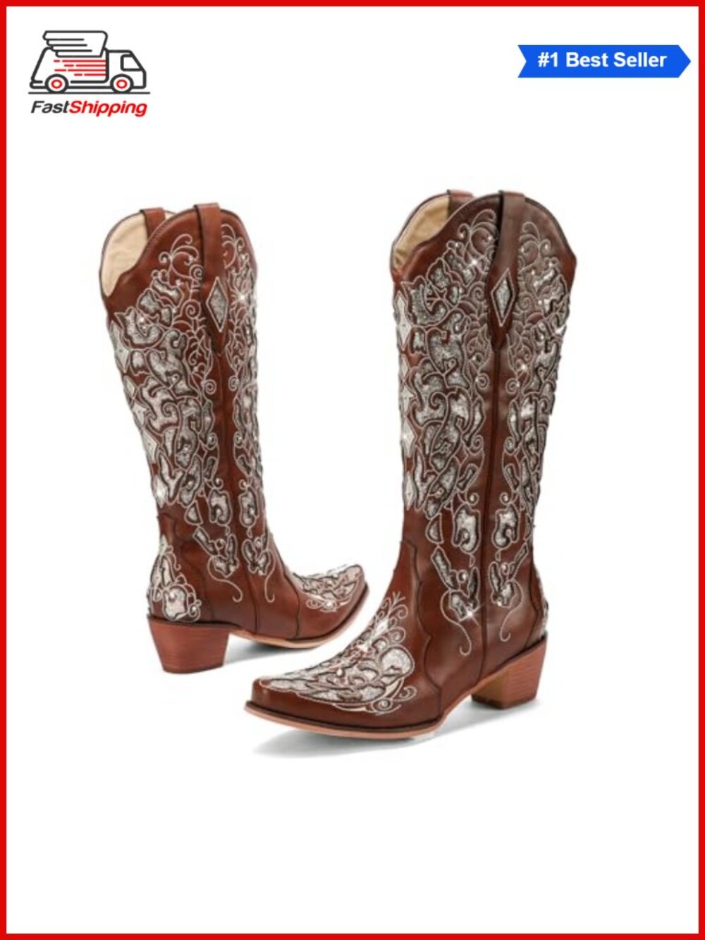 โจ Cowboy Boots Women Mid Calf Rhinestone Chunky Heel Western Glitter Sparkle
